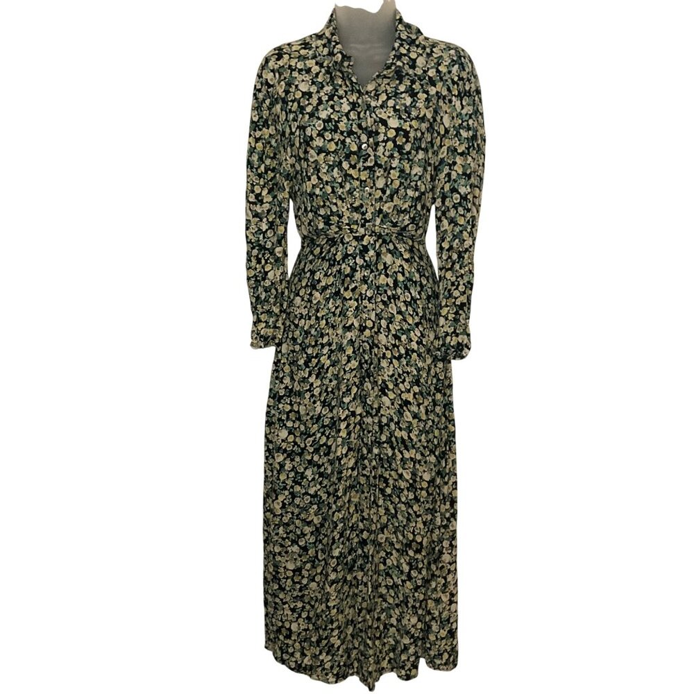 Zara Floral Print Long puff Sleeve Button-Down Maxi Dress XS Viscose cottage